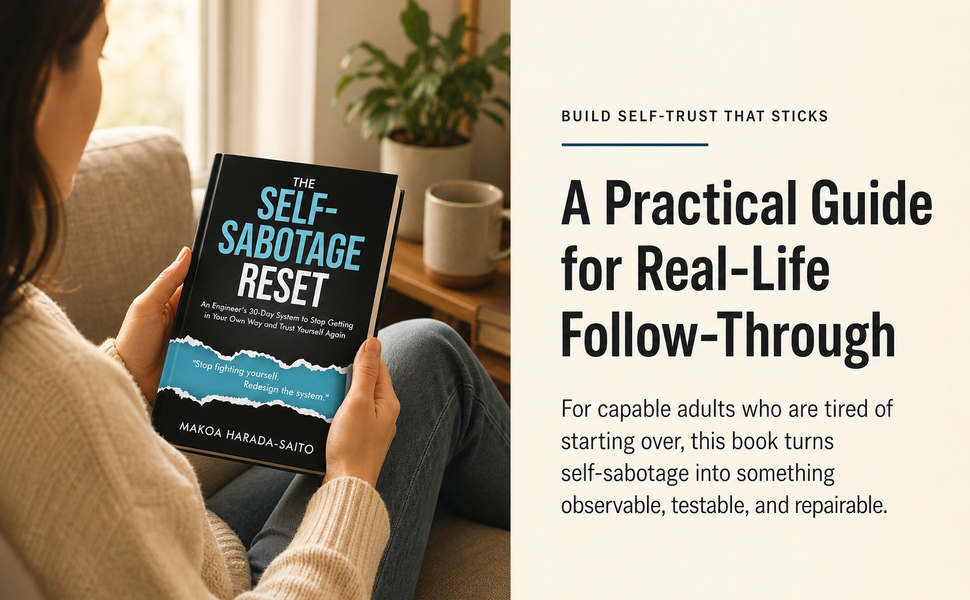 A reader holding The Self-Sabotage Reset with follow-through copy